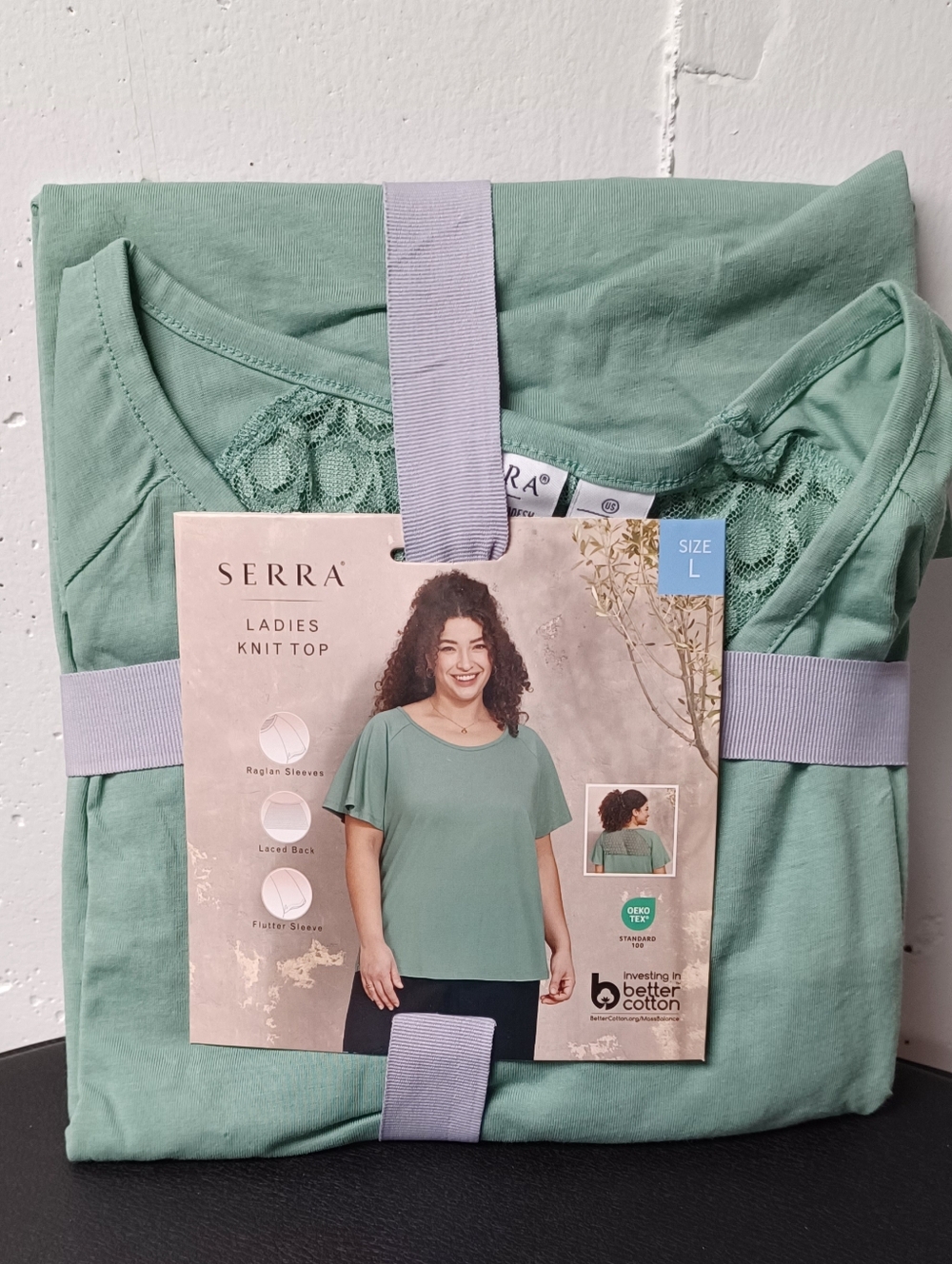 Serra Sage Green Ladies Knit Top With Lace Backing Sz Large